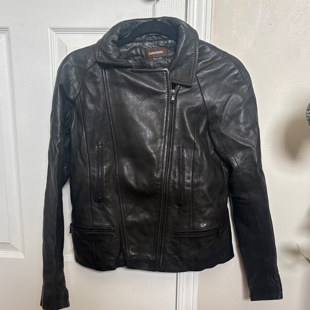 Danier Black Leather Moto Jacket with Asymmetrical Zip
